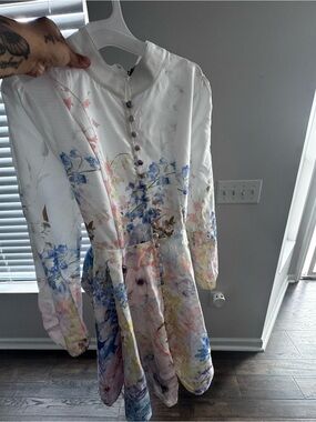 AKIRA White Floral Midi Dress with Pastel Blue & Pink Accents